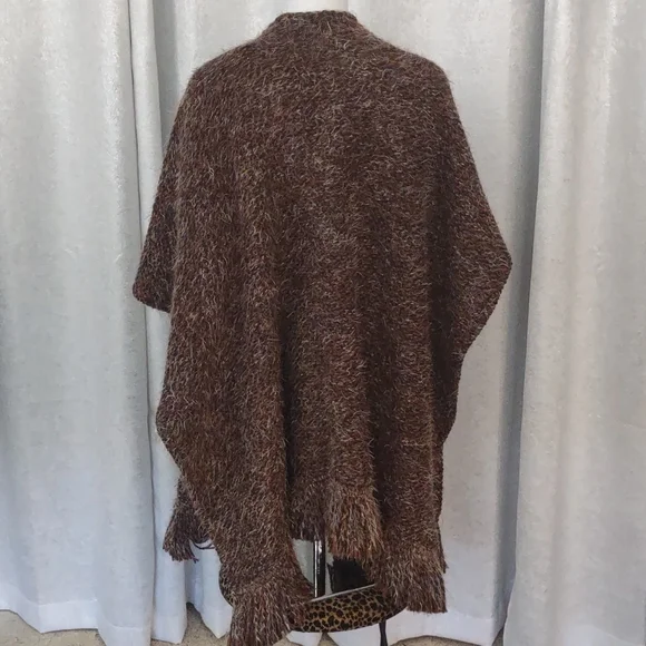 Bryn Walker Fall Poncho Wrap Open Long Fringe Bohemian Sweater Wool Shaggy Coat - Picture 7 of 8